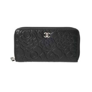 CHANEL Chanel Round Zip Camellia Black Men's Leather Long Wallet, AB Rank, Us...